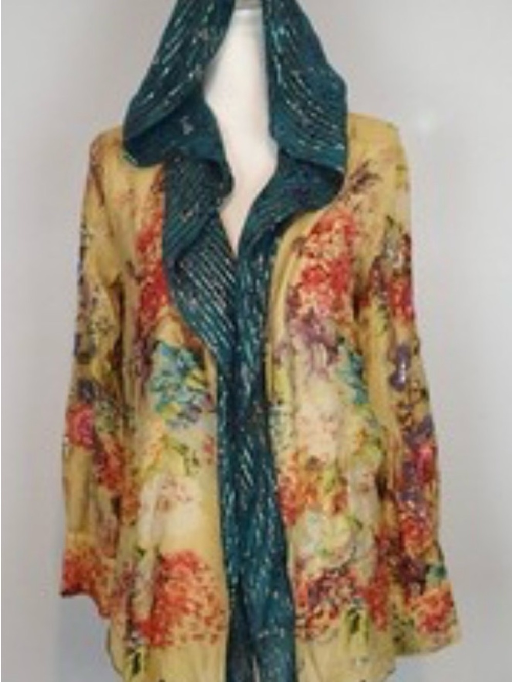 NWT Aratta Bohemian Floral Open-Front Jacket with Teal Trim - Picture 1 of 7